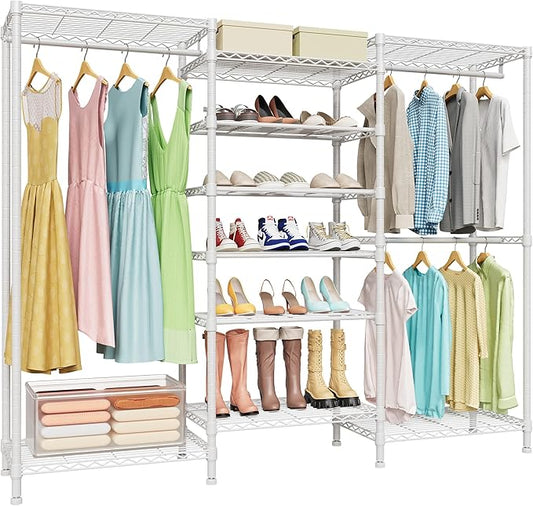 H12 Heavy Duty Clothes Rack with Adjustable 5-Tier Shoe Rack, Metal Clothing Racks for Hanging Clothes, Freestanding Shoe Organizer Large Garment Racks, 15.7" D x 68.7" W x 76.4" H, White