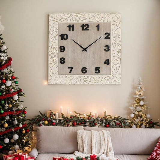 Large Wall Clock Square Living Room Decor Clocks, Numeral Wall Clocks with Battery Operated, Quartz Analog Movement Decorative Wall Clock for Office, Home, Kitchen, 24 Inch White