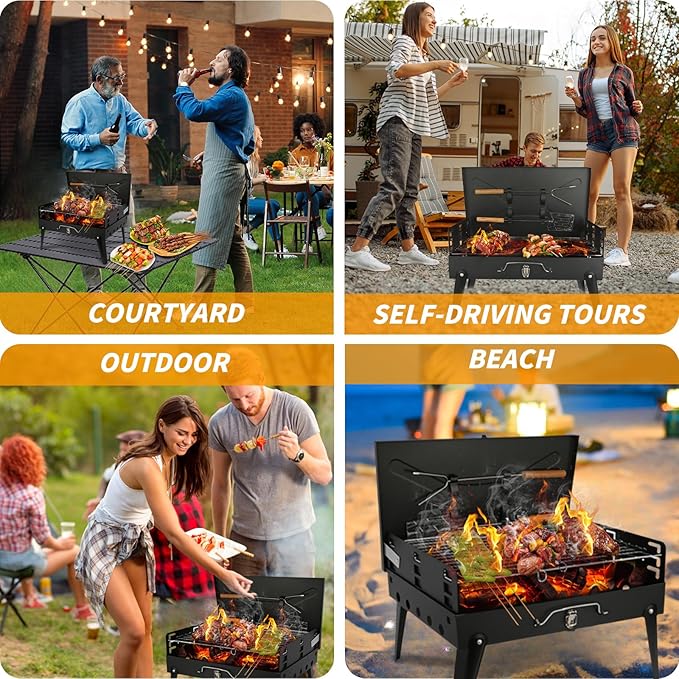 Portable Charcoal Grill Foldable BBQ Grill Kit - Compact Camping Grill for Outdoor BBQ, Cooking, Picnics, Beach, Backyard - Barbecue Accessories with Grill Tools