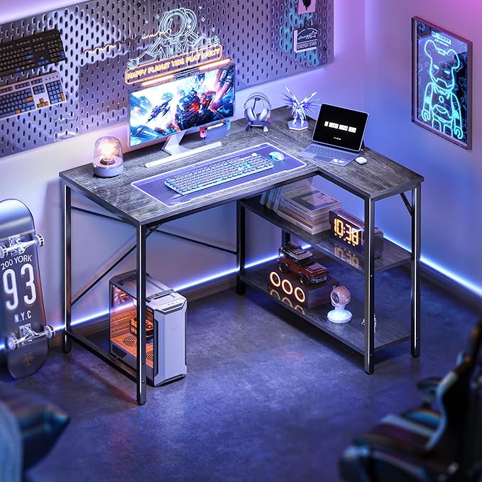 Huuger L Shaped Desk, 39 Inches Computer Desk with Reversible Storage Shelves, for Gaming Corner Home Office Writing Study, Metal Frame, Gray