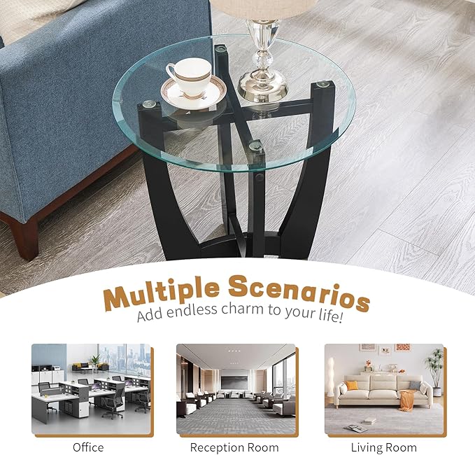 Glass End Table, 23.5" Round Side Tables with Tempered Glass Top Cross and Solid Wood Base Small Night Stand for Living Room Office Apartment Black