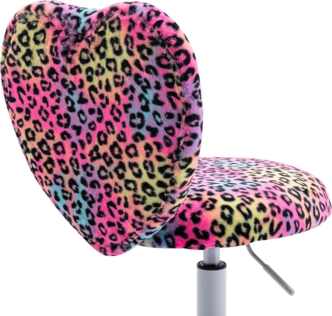 Kmax Kids Reading Chair, Rolling Cute Desk Chair for Girls Swivel Office Chair with Wheels & Heart Back Adjustable Childrens Vanity Chair for Bedroom Reading Room - Faux Fur, Leopard