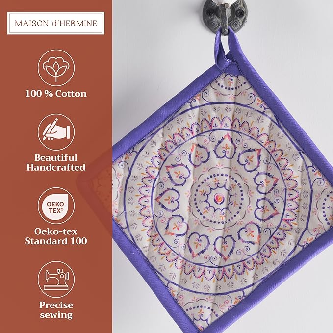 Maison d' Hermine Pot Holders 100% Cotton Heat Resistant Potholders 8" x 8" Hot Pads with Loop BBQ, Cooking, Baking, Grilling, Kitchen, Handling Hot Pans Spring/Summer (Pack of 1, Mandala)