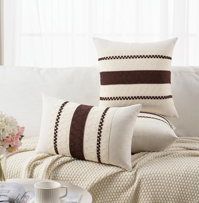 Fancy Homi Set of 2 Boho Brown Decorative Throw Pillow Cover 22x22 Inch for Couch Bed Sofa, Aesthetic Modern Organic Farmhouse Home Decor, Soft Cotton Cute Accent Macrame Woven Cushion Case