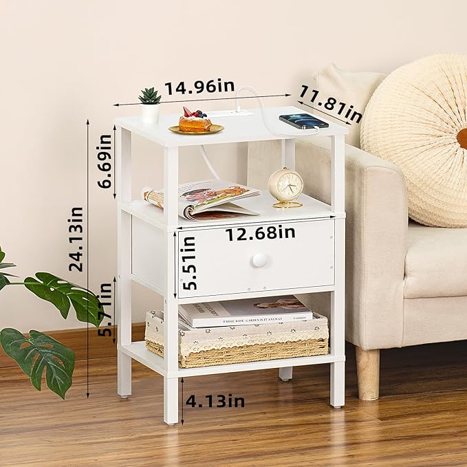 Lerliuo Nightstand with Charging Station and USB Ports, 3-Tier Storage End Table with Drawer Shelf, Night Stand for Small Spaces, Wood Bedside Table for Living Room, Bedroom - Elegant White