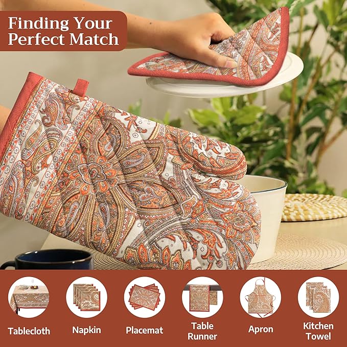 Maison d' Hermine Pot Holders Set 100% Cotton Heat Resistant Potholders 8" x 8" Hot Pads with Loop for Thanksgiving Christmas Decorations BBQ Baking Handling Hot Pans (Pack of 2, Kashmir Paisley)