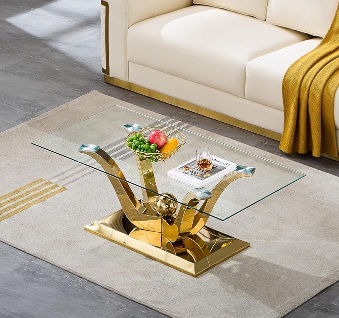 HomVent Modern Glass Coffee Table, with Stainless Steel, Living Room Table for Living Room Bedroom