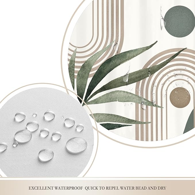 Glawry Boho Shower Curtain Brown Mid Century Abstract Plant Palm Leaves Modern Arch Curve Bathroom Minimalist Geometric Aesthetic 60Wx72L Inches Bath Accessories Art Home Decor Fabric 12 Pack Hooks