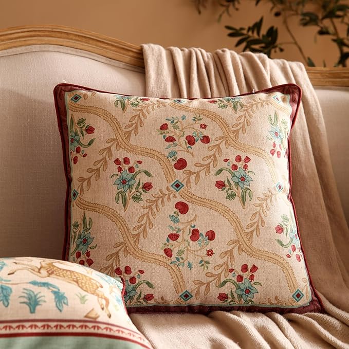 patdrea Designer Pack of 2 Square Throw Pillow Covers,Farmhouse Vintage Linen with Beige Ancient Idyll Pattern Pillows Cover,Decorative Pillowcases Cushion for Bed Living Room Outdoor Car,18"x18"