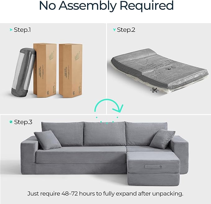 LINSY HOME Convertible Sofa Bed with 2 Pillows & Ottoman, L Shaped Modular Sectional Sleeper Sofa, Folding Sofas Corduroy Couch Bed Compression Sofa for Living Room Apartment, Grey