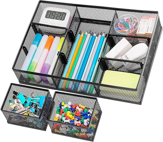 Marbrasse 3 Packs Desk Drawer Organizers, Metal Mesh Dividers Desk Drawer Organizer Tray with 9 Adjustable Compartments, Pen Organizer for Drawer Tray Box Accessories for Desktop,Kitchen, Makeup