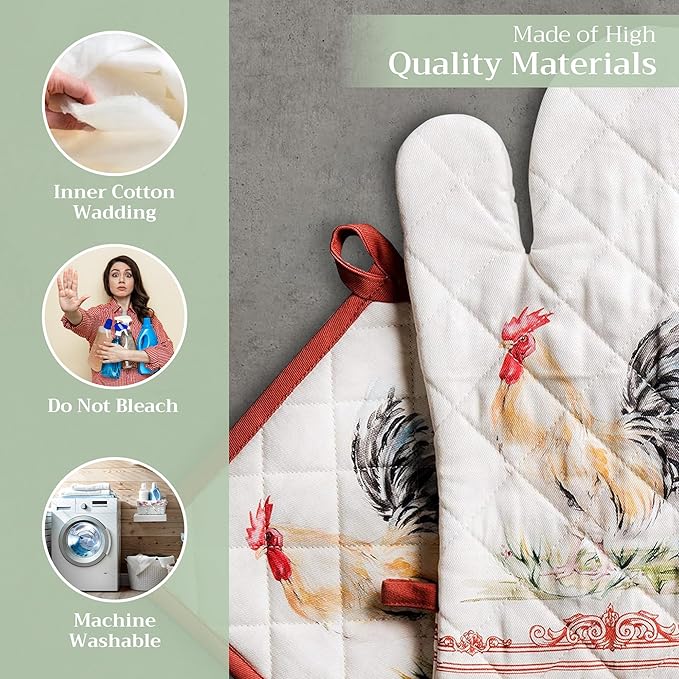 Maison d' Hermine 100% Cotton Oven Mitt & Pot Holder Set (7.5"x13" & 8"x8") Heat Resistant BBQ Cooking Gloves with Loop, Baking, Grilling, Kitchen, Handling Hot Pans Spring/Summer (Campagne)