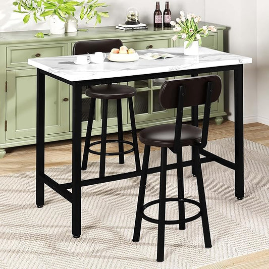 Dining Table Set, 47.2" Rectangle Faux Marble Table with 2 PU Upholstered Backrest Chairs, 3-Piece Kitchen Dining Room Set for Small Spaces, Kitchen Furniture, White