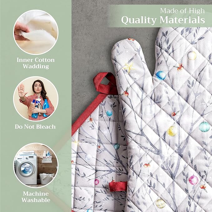 Maison d' Hermine 100% Cotton Oven Mitt & Pot Holder Set (7.5"x13" & 8"x8") Heat Resistant BBQ Cooking Gloves with Loop for Thanksgiving Christmas Decorations Handling Hot Pans (Fairy Christmas)