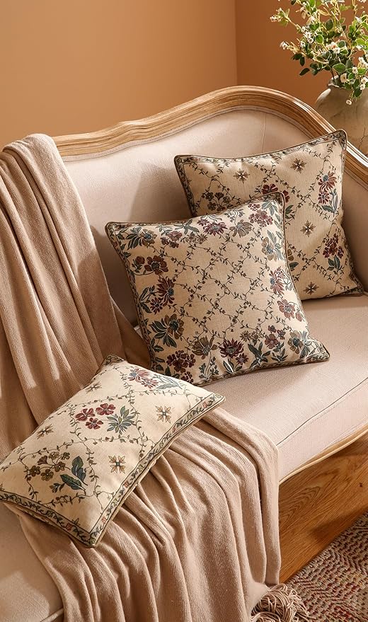 patdrea Designer Throw Pillow Covers Set of 2,Square Euro Retro Style Light Brown Linen with Floral Pattern Pillow Cover,Decorative Pillowcases Cushion for Bed Living Room Outdoor Car,18"x18"