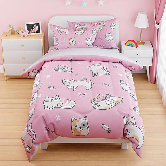 Cat Duvet Cover Sets Twin Size for Kids Girls, Include 1 Polyester Comforter Cover 68x86 Inches and 1 Pillowcase 20x26 Inches, Comforter Not Included, Gift for Christmas Birthday