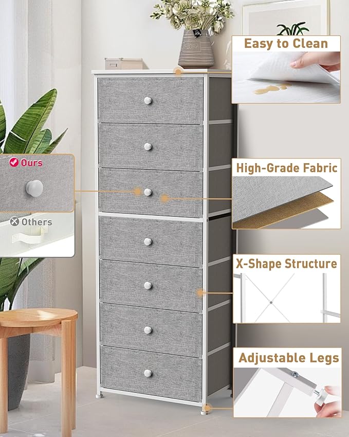 Tall Fabric Dresser for Bedroom, Vertical Storage Organizer Tower with 7 Drawers, Chest of Drawers with Bins, Steel Frame, Wood Top for Bedroom, Closet, Entryway Light Grey
