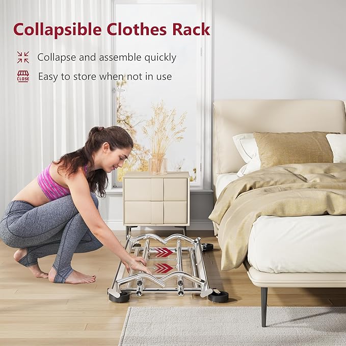 Tajsoon Double Rod Clothes Rack 480 LBS, Heavy Duty Clothing Rack with Wheels, Collapsible Clothes Rack for Hanging Clothes, Commercial Rolling Garment Rack with Shelf, Chrome