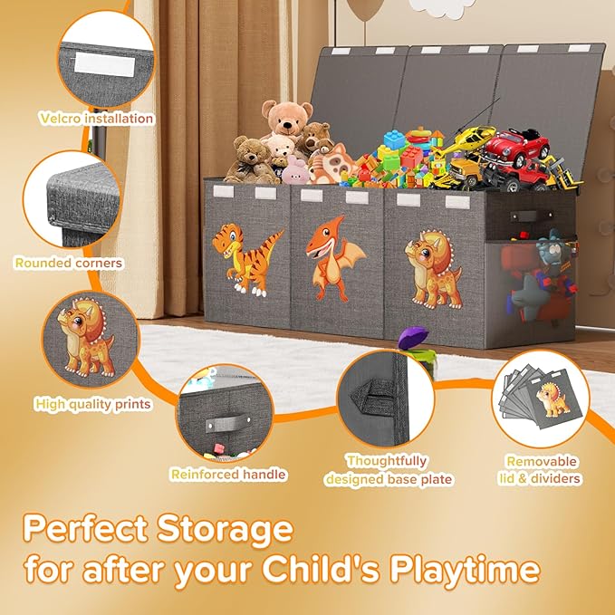 Extra Large Toy Box Chest, Collapsible Sturdy Toy Storage Organizer Boxes Bins Baskets Dinosaur Kids Toy Chest Bin with Lids for Boys Girls Living Room Playroom Bedroom Nursery 41"x14"x16" Gray