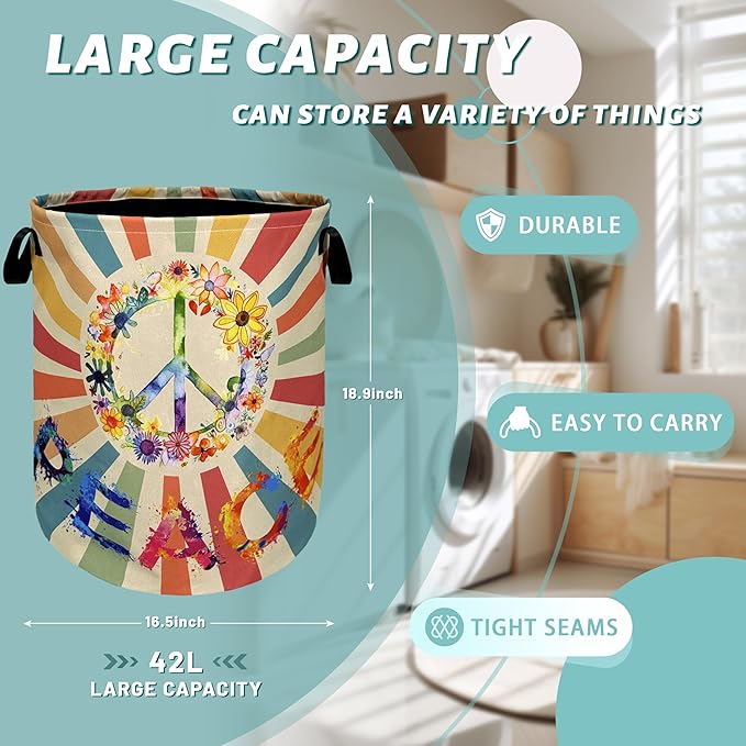 Retro Colorful Hippie Peace Laundry Basket Foldable With Handles Tote Bag Oxford Cloth Funny Laundry Hamper 18.9" x 16.5" Clothes Storage Bucket Toy Organizer For Bathroom/Laundry/Bedroom