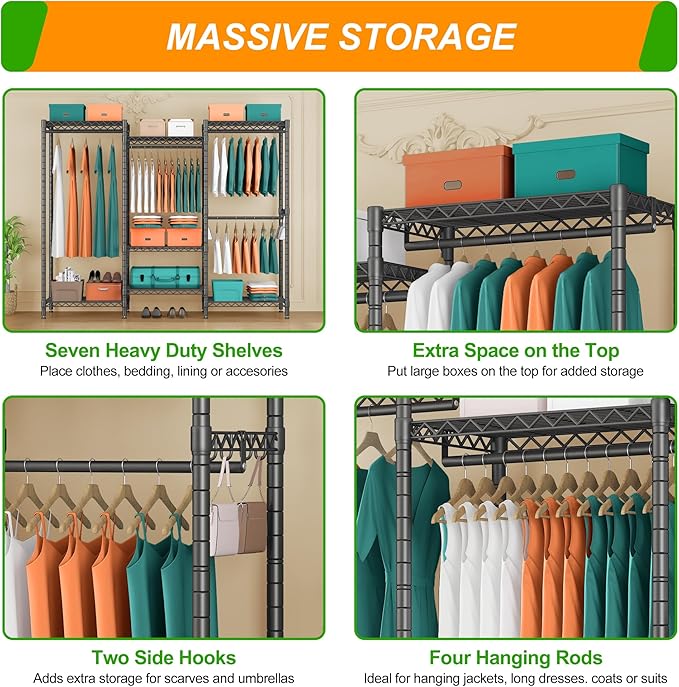 PUNION GR7 Portable Closet Wardrobe Heavy Duty Clothes Rack, Freestanding Clothing Rack with 4 Hang Rods & 7 Shelves, 2 Hooks, Adjustable Closet Rack, 69" L x 16" W x 77" H, Max Load 1200LBS, Black