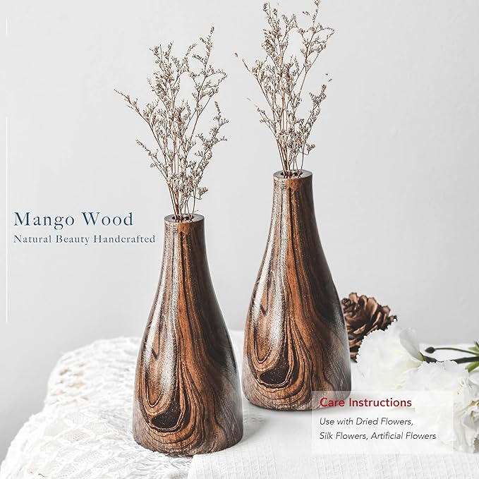Aeravida Artistic Grain Pattern Natural Mango Tree Wood Flower Set of 2 Vase | Modern Farmhouse Home Décor | Kitchen Bedroom Living Room Home Decoration