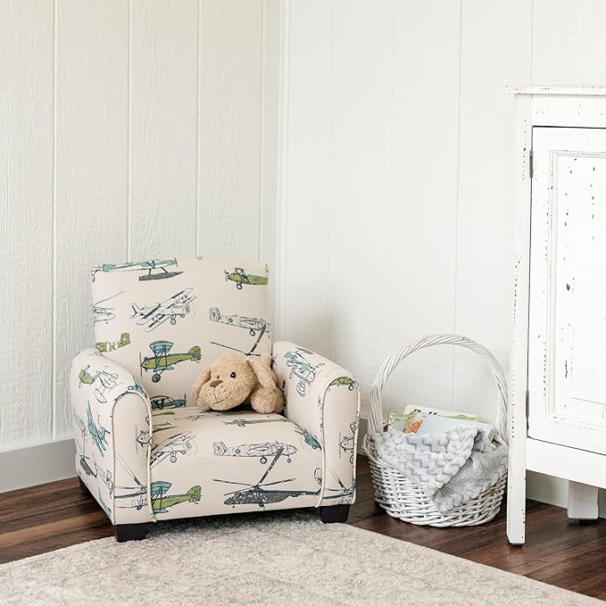 Kid Rocking Chair for Toddlers, Child Chair for Little Kids, Upholstered Toddler Armchair for Children, Comfy and Cute Little Kid Chairs (Legs, Airplanes Print)