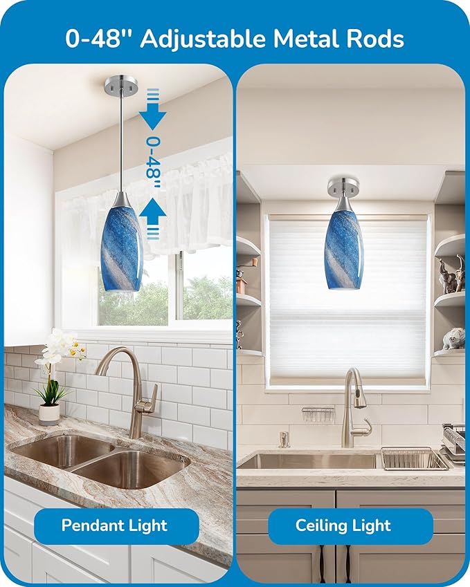 EDISHINE Pendant Light Fixtures, Handcrafted Art Glass Hanging Light with Brushed Nickel Finished, E26 Socket, Adjustable Cord Glass Pendant Light for Kitchen, Bathroom, Hallway, Bar