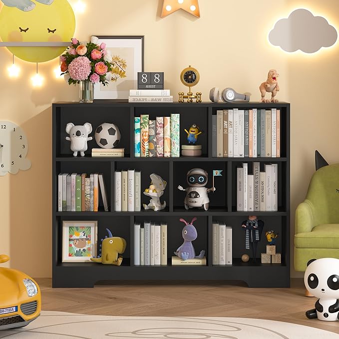Book Shelf for Kids, 10 Cubes Storage Organizer Montessori Bookshelf, 3-Tier Wooden Kids Bookcase, Toy Storage Organizer for Children, Black Toddler Bookshelf Cube Shelf for Kid’s Room, Classroom