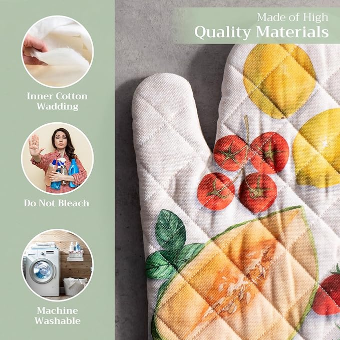 Maison d' Hermine Oven Gloves 100% Cotton Oven Mitt 7" x 13" with Loop Heat Resistant, BBQ, Cooking Gloves, Baking, Grilling, Kitchen, Handling Hot Pans Spring/Summer (Pack of 1, Gourmand)