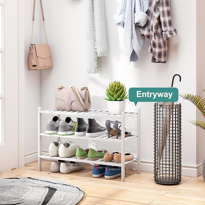 White Shoe Rack, 3-Tier Bamboo Wood Shoe Rack for Closet, Entryway & Hallway, and Stackable Shoe Shelf Storage Organizer for Indoor and Outdoor
