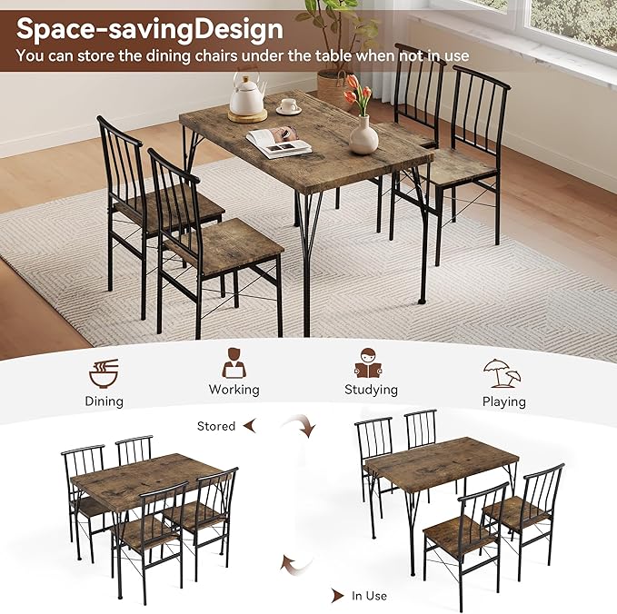 Kitchen Dining Table Set for 4, 5-Piece Kitchen Table Set with 1.6“ Thick Tabletop,Dining Room Table Sets,Kitchen Table Set with 4 Chairs for Small Space, Dinette,Apartment,Retro Brown