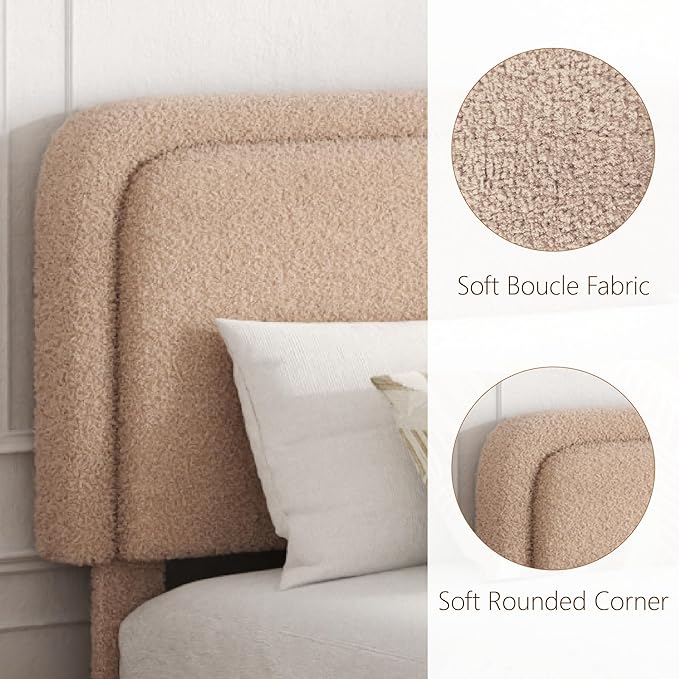 King Size Bed Frame with Headboard Adjustable, Boucle Upholstered Platform King Bed Frame, Anti-Collision Soft Rounded Corners, No Box Spring Needed, Noise-Free, Easy Assembly, Brown