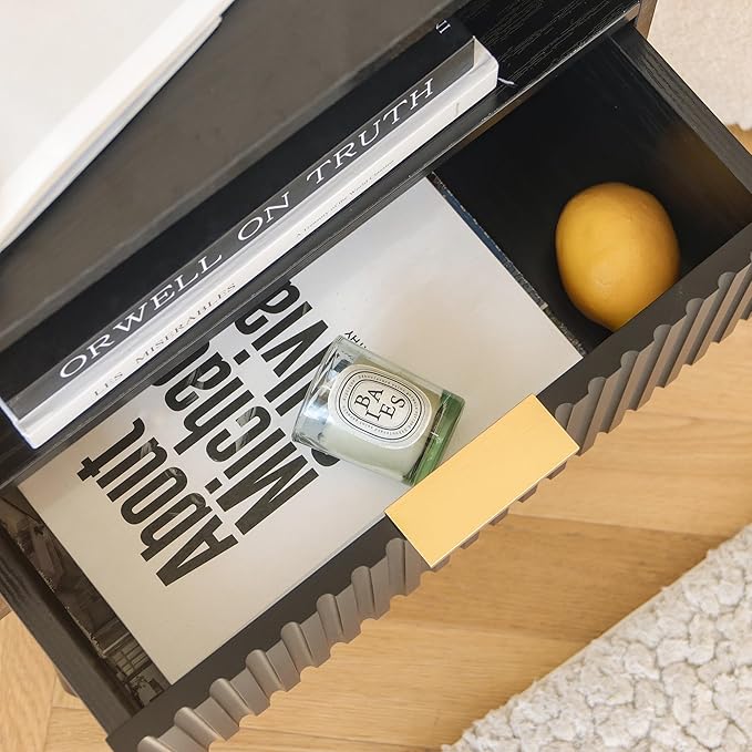 AWASEN Black Fluted Nightstand, Modern Bedside Table with Storage Drawers, Small Night Stand Bed Side Table with Solid Wood for Living Room, Bedroom, Office and Small Space (Black)