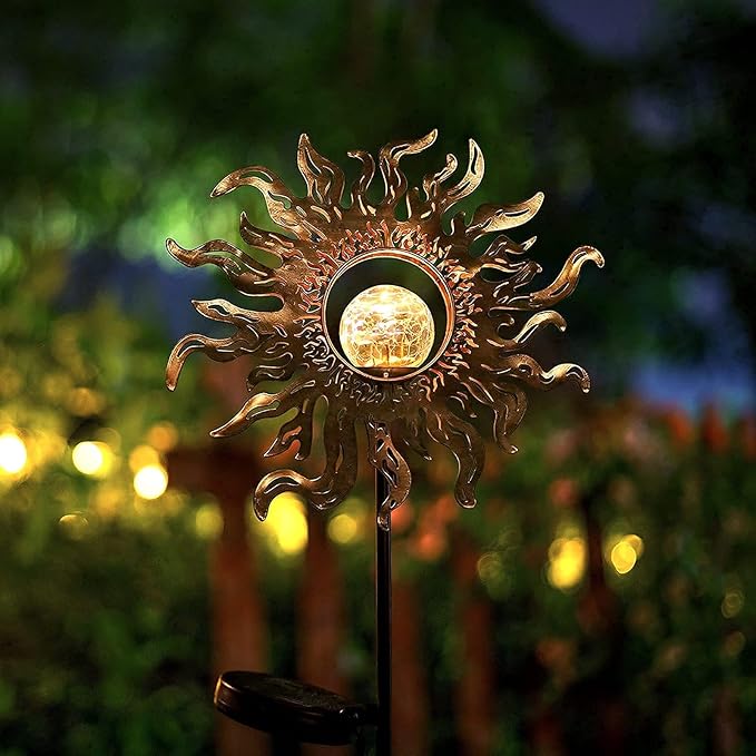 Solar Lights Outdoor Garden Decor Solar Powered Sun Lantern for Yard, Patio,Lawn or Pathway Sun Decorations Crackle Glass Globe Stake Metal Lights Waterproof Warm LED Garden Pathway