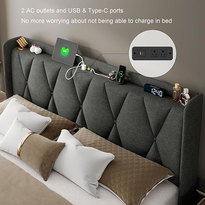 Feonase King Size Bed Frame with 4 Storage Drawers, Upholstered Platform Bed with Charging Station, Wingback Storage Headboard, Wooden Slats Support, No Box Spring Needed, Easy-Assembly, Dark Grey