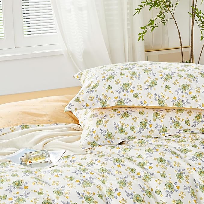 SAPHREAS Green Floral Duvet Cover Set Twin 2pcs Yellow Flowers Botanical Bedding Comforter Cover Set 100% Cotton 1 Duvet Cover 68"x90" 1 Pillow Sham, Comforter Not Included