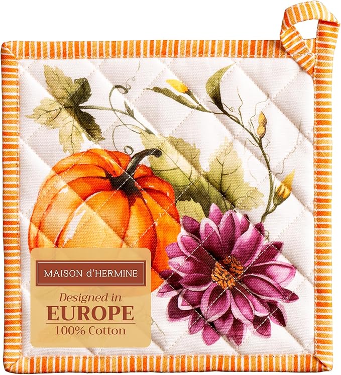 Maison d' Hermine Pot Holders 100% Cotton Heat Resistant Potholders 8" x 8" Hot Pads with Loop for Thanksgiving Christmas Decoration Baking Handling Hot Pans (Pack of 1, Pumpkin Garden - Cloudy Cream)