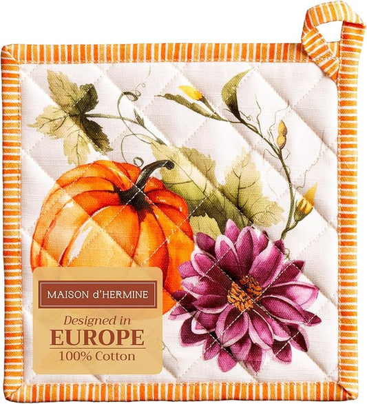 Maison d' Hermine Pot Holders 100% Cotton Heat Resistant Potholders 8" x 8" Hot Pads with Loop for Thanksgiving Christmas Decoration Baking Handling Hot Pans (Pack of 1, Pumpkin Garden - Cloudy Cream)