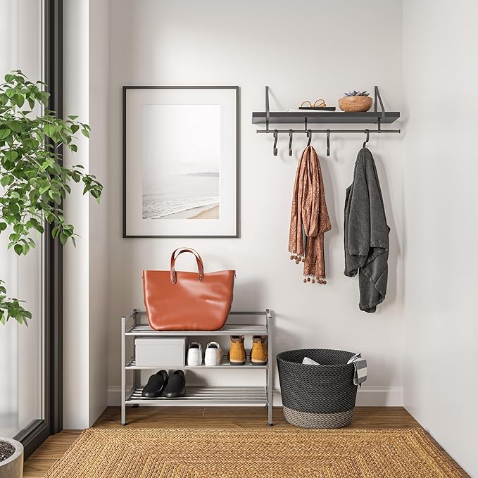 Seville Classics Sturdy Freestanding Storage Shelf for Bedroom, Closet, Entryway, Dorm Room Organizer Stackable Durable Metal Shoe Rack Silver Mist Slat, 3-Tier