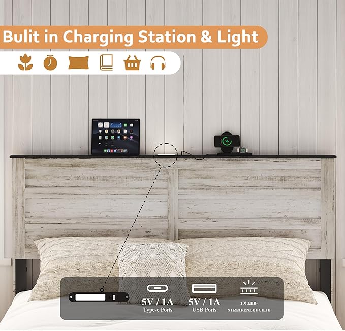 Wooden Bed Frame Full Size with Headboard & Sliding Barn Door Storage Footboard, Farmhouse Platform Bedframe with Charging Station, No Box Spring Needed, Boho White