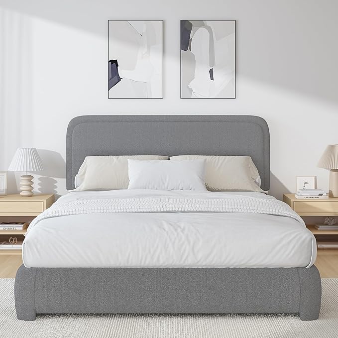 BarnFurin Full Size Bed Frame with Headboard, Boucle Upholstered Platform Bed Frame, Modern Style, Soft Rounded Corners, No Box Spring Required, Easy Assembly, Light Grey