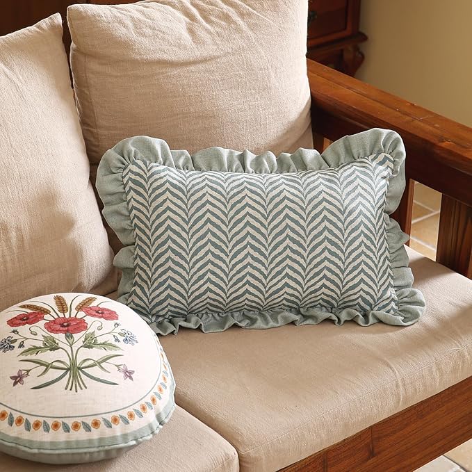 Design Linen Throw Pillow Covers 12"x20" Pack of 2, Rectangle Minimalist Cushion Covers with Powder Blue Chevron Leaves Pattern Decoration Pillowcases for Bed,Living Room,Outdoor,Car