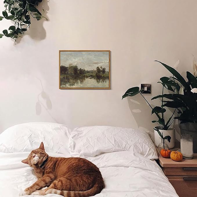 Floating Framed Canvas Wall Art - Tranquil River Landscape Pictures Prints, Countryside Vintage Scenery Paintings Wall Decor for Living Room Bedroom Office Home Decoration 8x10 inch