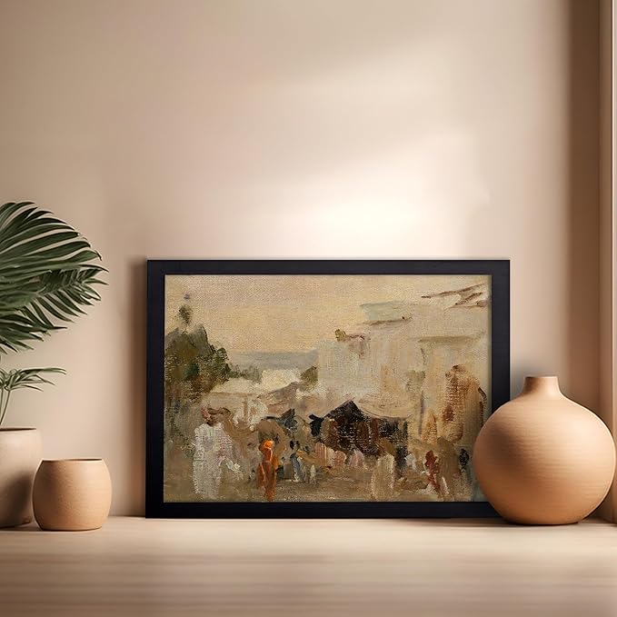 Poster Master Vintage The Bazaar Painting Poster - Retro Street in Udaipur Print - India Art - Cityscape Art - Farmhouse Art - Abstract Art - Office or Living Room Wall Decor, 16x20 Black Framed