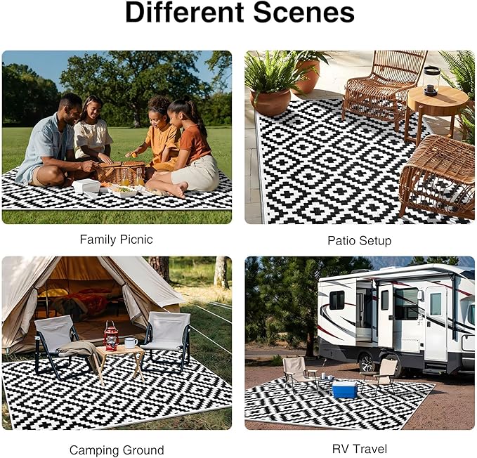 OLANLY Waterproof Outdoor Rug 4x6 ft, Outdoor Plastic Straw Rug for Camping, RV Mat Outside, Indoor Outdoor Carpet for Porch, Deck, Backyard, Balcony, Picnic, Black & White