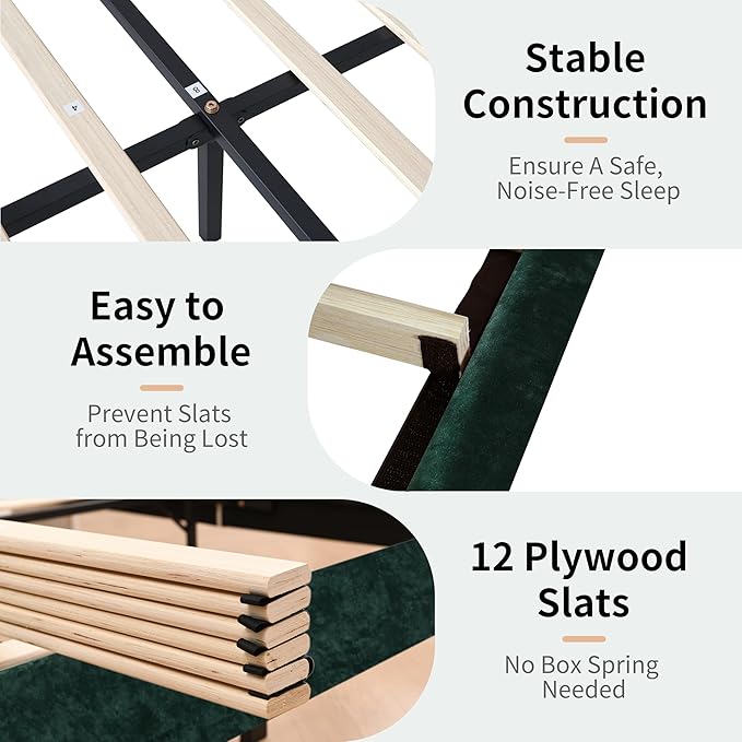 Queen Size Upholstered Platform Bed Frame with Modern Wingback & Vertical Panel Headboard, Velvet Fabric, Wooden Legs & Slats Support, No Box Spring Needed, Noise-Free & Easy Assembly, Ink Green