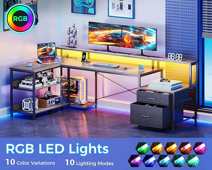 ODK L Shaped Desk with File Drawer, 75" Reversible L Shaped Computer Desk with Power Outlet & LED Strip, Office Desk with Storage Shelves, Gaming Desks with Monitor Shelf, Corner Table, Grey Oak