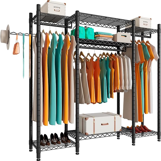 PUNION Heavy Duty L Shaped Clothes Rack with 7 Shelves, Sturdy Metal Wardrobe Closet Rack for Hanging Clothes, 56" L x 14" W x 71" H, Max Load 520lbs, Black
