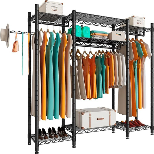 PUNION Heavy Duty L Shaped Clothes Rack with 7 Shelves, Sturdy Metal Wardrobe Closet Rack for Hanging Clothes, 56" L x 14" W x 71" H, Max Load 520lbs, Black